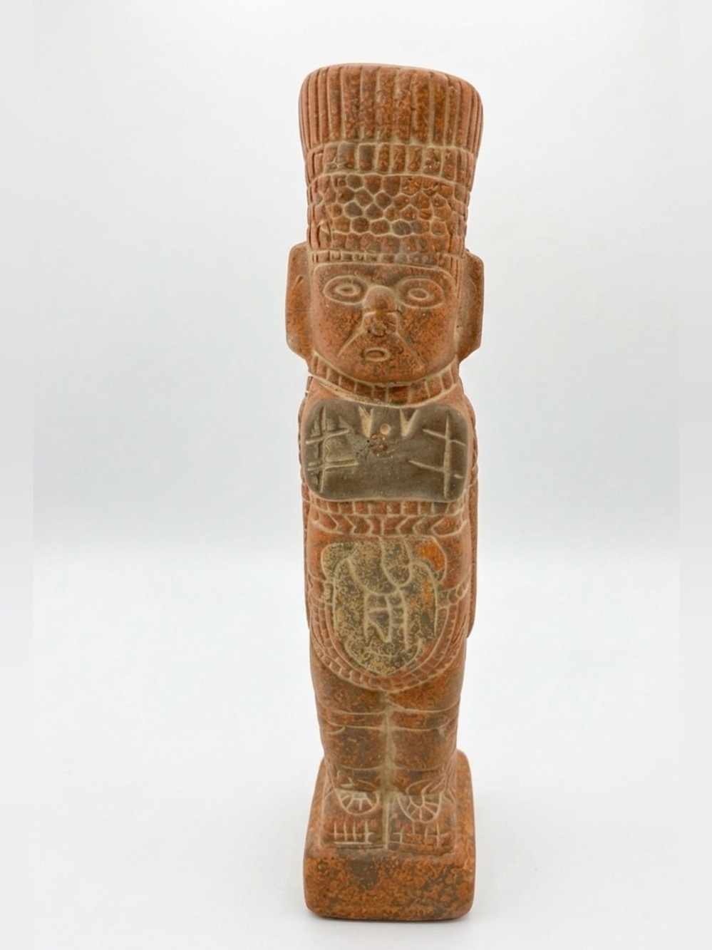 Vintage Terracotta Carved Mayan Priest Figurine Aztec Clay Statue Decor 13"